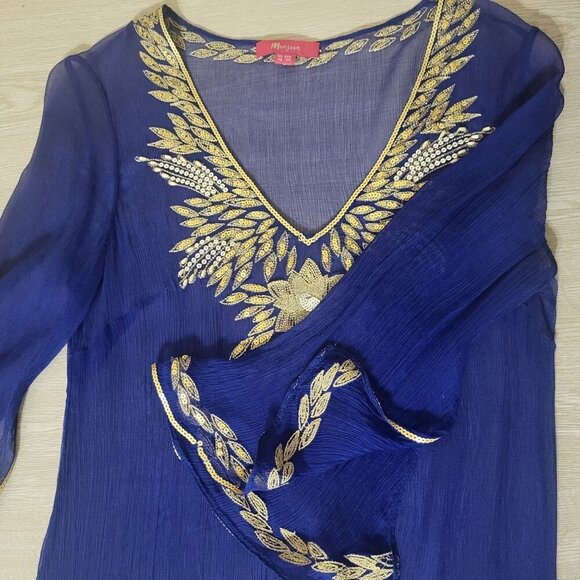 Monsoon Royal Blue & Gold Embroidered Silk Cover up Tunic Dress Size 8 M Resort - Picture 6 of 7